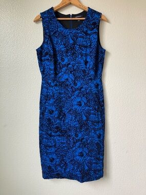 Lands' End Lighthouse Persian Cobalt Flocked Floral Sheath Dress Stretch sz 10